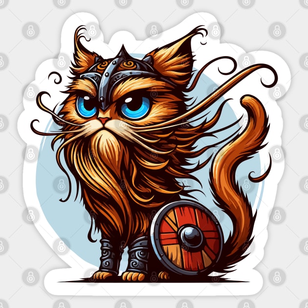 Funny Viking Warrior Cat Norse Mythology Cartoon Portrait Sticker by TomFrontierArt